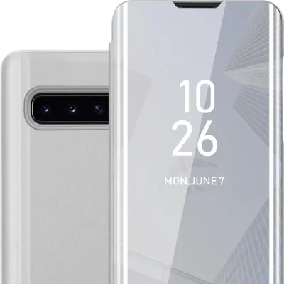 A close-up view of a silver smartphone case with a transparent front cover displaying the time and date.