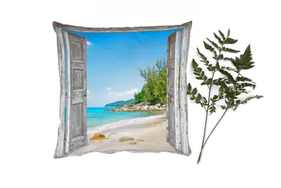 Produktbild von MuchoWow® Zierkissen Sofakissen Wohnzimmer Dekokissen 45x45 cm Strand - Ausblick - Sommer - Tropisch - Schlafpolster - Polster für das Sofa