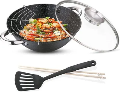 Produktbild von Induktionsfähige Wokpfanne mit Marmorbeschichtung und Glasdeckel