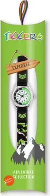 A Tikkers watch in its packaging, designed with an adventure theme.