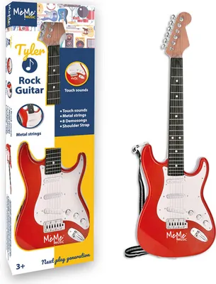 A toy rock guitar is shown on its packaging and next to it.