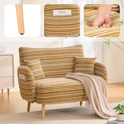 Imagen del producto de AIORBER: Sofá moderno de 2 plazas, tapizado en bouclé, pequeño sofá con reposabrazos acolchados y bolsillos laterales, ideal para salón o dormitorio, color mostaza