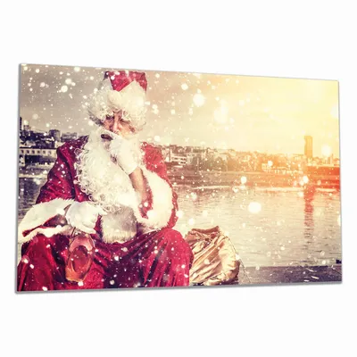 Produktbild von Wallario Herdabdeckplatte aus Glas, Größe 90 x 52 cm 1-teilig, Motiv Christmas-Party - Weihnachtsmann mit Schnaps und Zigarre