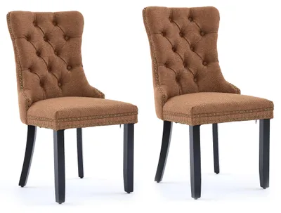 Productafbeelding van Set van 2 linnen eetkamerstoelen met knoopverbindingen en beukenpootjes, bruin