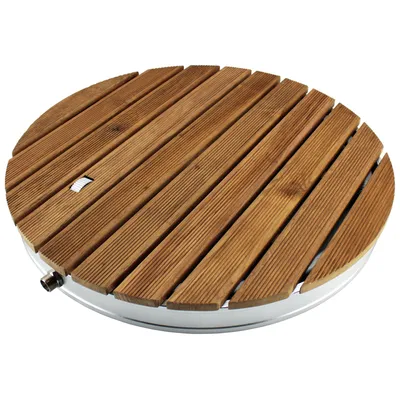 Produktbild von @tec Gartendusche rund, Teakholz mit Aluminium-Blende, Stellrad, 18 Düsen, Griff. Inkl. Schlauchadapter, 2 Schlauchschellen, Klickadapter mit Grobfilter. Für Pool, Sauna, Garten (Mensch & Hund). Ø 70cm, H 8cm, 3/4 Zoll Anschluss, 7.3kg, 130kg Belastbarkeit.