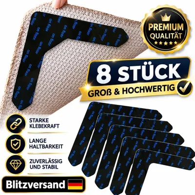 Produktbild von 8 × selbstklebende Anti Rutsch Teppich Ecken Pads – Hochwertige Teppich Stopper Antirutschmatte