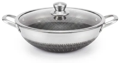 Produktbild von Ø36 cm Wok Bratpfanne Edelstahl Waben-Antihaftbeschichtung Wokpfanne Glasdeckel Asia Schmortopf Induktion