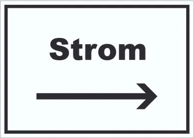 Produktbild von Strom Aufkleber mit Text und Richtungspfeil rechts Anschluss waagerecht A9 (37x52mm)