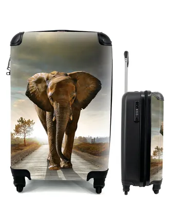 Produktbild von MuchoWow® Koffer Handgepäck Trolley Rollkoffer Kleine Reisekoffer mit 4 Rollen - Elefant - Straße - Tiere - Sonnenuntergang - Landschaft - Cabin Size < 55x40x23 cm & 55x40x20 cm - Fotokoffer - Kabinenkoffer - Boardgepäck - Reise-Box - Reisekoffer - Reisegepäck - Koffer mit Bild - Trolley für Kinder