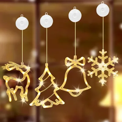 LED-Fensterdekoration 4er-Set, Weihnachtsmotive, warmweiß, batteriebetrieben