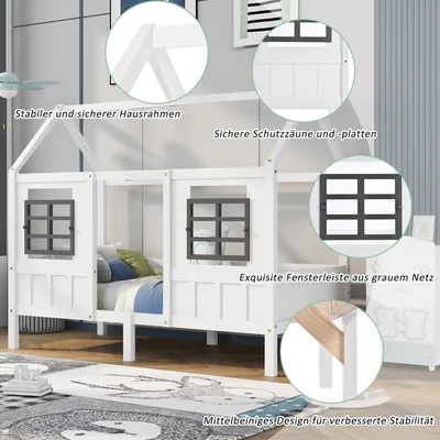 Produktbild von okwish Hausbett mit 2 Schubladen 200x90cm Einzelbett, Kinderbett mit 2 Fenstern und Lattenrost aus Kiefer, MDF für Jungen & Mädchen - Kinder Weiß