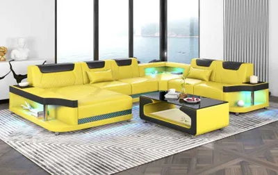 Immagine prodotto di Grande Divano Set Da Soggiorno LED XXL A Forma Di U Ad Angolo In Pelle Giallo