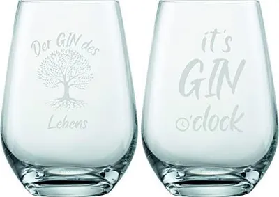 Produktbild von EKM Living Schott Zwiesel 2er Set Ginglas 548ml mit Gravur Gin des Lebens & Gin o' Clock – lustige Geschenkidee für Ginliebhaber, Frauen, Männer, Freunde im Geschenkkarton (ohne Stiel, Set 2)