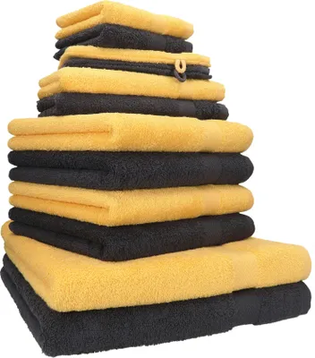 Produktbild von Betz 12-tlg. Handtuch-Set PREMIUM 2 Duschtücher 4 Handtücher 2 Gästetücher 2 Seiftücher 2 Waschhandschuhe  Farbe: honiggelb / graphit
