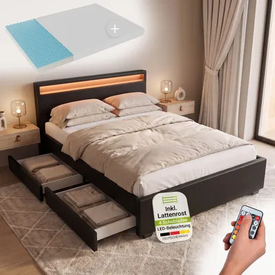 Produktbild von Juskys Polsterbett Lyon 140 x 200 cm mit Bettkasten, LED Beleuchtung, Lattenrost & Matratze - Kunstleder & Holz – Bett Bettgestell Jugendbett schwarz