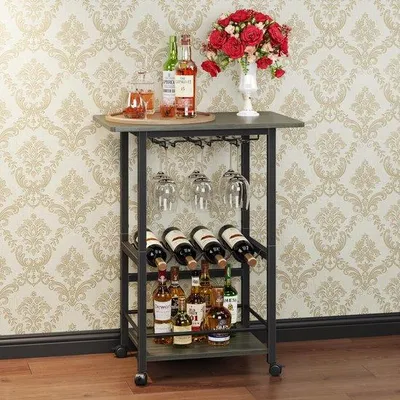 Image de Ibenzoa® : Chariot de cuisine et de service multifonctionnel, 4 roulettes verrouillables, couleur gris rétro, dimensions 60 x 38 x 70 cm, 3 étagères, porte-bouteilles et porte-verres, intérieur/extérieur
