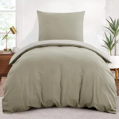 Zdjęcie produktu dla Komplet pościeli 2-częściowy, 155x220 cm, kolor taupe/beż, mikrofibra. Dwustronna pościel z zamkiem błyskawicznym