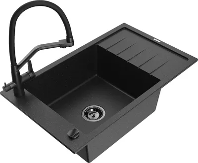 Produktbild von Mexen Elias 1 Becken-Granitspüle mit Abtropffläche und Mischbatterie Duo, Schwarz/Silbermetallic - 6511-73-671701-70-B