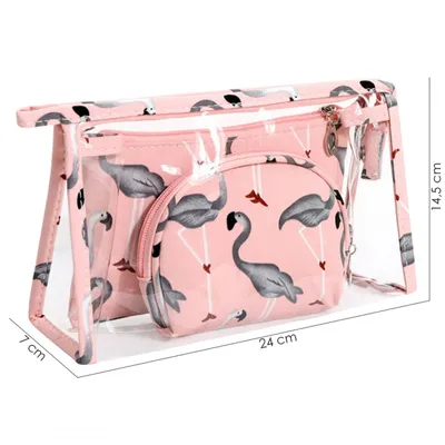 Produktbild von 3er-Set Kosmetiktaschen rosa-grau mit Reißverschluss - Transparent 24x14,5x7 cm, Rechteckig 19x12 cm, Oval 15x10,5x3 cm