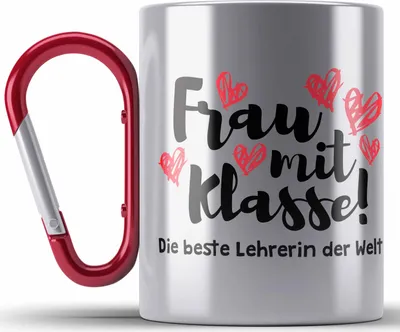 Produktbild von Trendation - Lehrerin Geschenk Edelstahl Tasse Karabiner Geschenkidee Lustig Danke Sprüche Grundschule Frau mit Klasse (Rot)