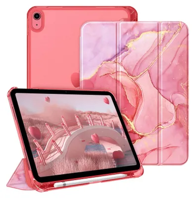 Produktbild von Fintie Hülle für iPad (A16) 11 Generation 11 Zoll 2025, iPad 10 Generation 10.9 Zoll 2022 mit Stifthalter - ultradünne leichte Schutzhülle mit transparenter Rückseite, Auto Schlaf/Wach, Marmor Rosa