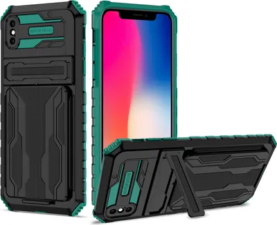 Produktbild von iPhone XS Max Hülle, Hybrid Robust Schutz Stoßfest Schutzhülle mit Kartenhalter Ständer für iPhone XS Max Grün