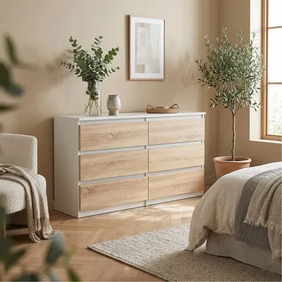 Produktbild von Masseno Kommode NUDO 120 cm Sideboard mit 6 Schubladen und  Türen für Wohnzimmer Schlafzimmer Modern 120x39x78,5 cm Weiß / Sonoma Eiche