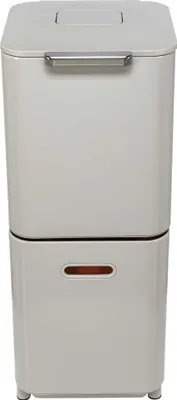 A front view of a two-tiered gray trash can with a silver handle on the top lid.