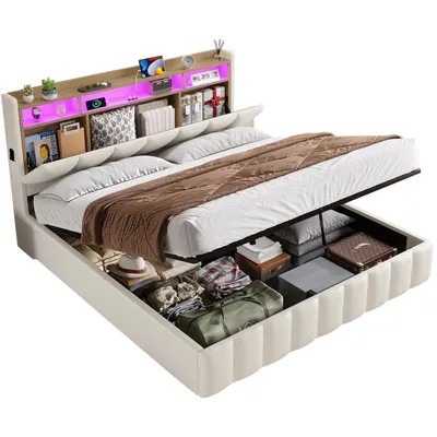 Produktbild von AODEMOKO Polsterbett mit LED Beleuchtung, 140 x 190 cm mit Ladefunktion, Beige