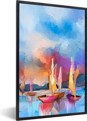 Produktbild von MuchoWow® Gerahmtes Poster Malerei - Boote - Wasser 20x30 cm - Poster mit Schwarzem Bilderrahmen Wandposter Rahmen Foto Bilder - Drucken - Bilder Poster im Rahmen