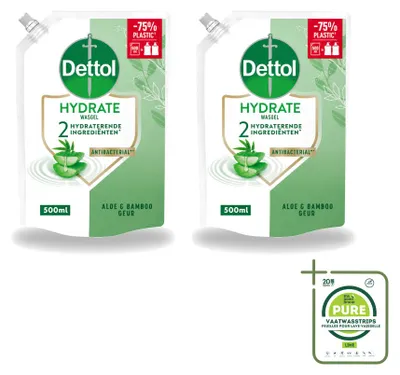 Imagen del producto de 2 unidades de recambio de jabón líquido para manos Dettol, hidratante, con aloe vera y bambú, 500 ml, pack grande