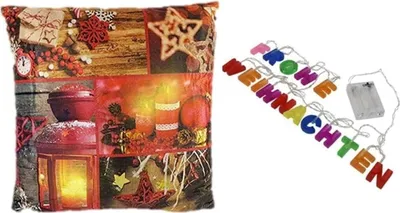 Produktbild von LED Deko-Kissen 45 x45 mit Füllung - inkl. Beleuchtung - Leuchtkissen - Weichnachten - Winter - Home - Kissen - Laterne Lichter Weihnachten  verschieden Motive nach Lagerbestand bild zeigt nur Beispiel + LED Schriftzug