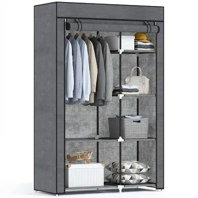 Produktbild von Kleiderschrank – Faltbarer Stoffkleiderschrank – Tragbarer Kleiderschrank – Mit 6 Regalböden und 1 Kleiderstange – 103 x 43 x 162,5 cm – Dunkelgrau