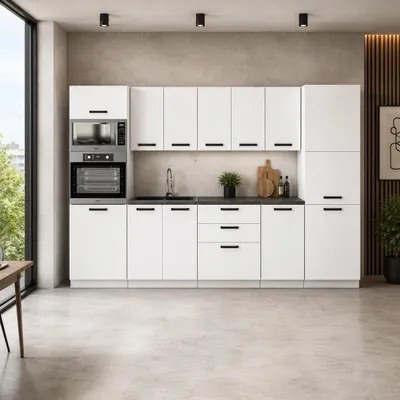 Produktbild von ULWEHOME | Küchenzeile 300 cm Mattweiß, Küchenmöbel-Set Weiß Matt mit Gerätehochschrank, Vorratsschrank & geteilten Arbeitsplatten 100 cm, KI-generiertes Bild