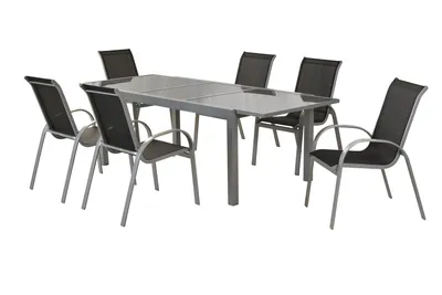 Produktbild von Merxx Gartenmöbelset Amalfi schwarz 7tlg., 6 Stapelsessel, 1 Ausziehtisch 140 (200) x 90 cm - Aluminium/Textil