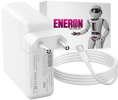 A white USB-C power adapter and cable are displayed with packaging in the background.