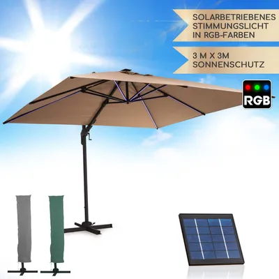 Image de Blumfeldt Parasol de Jardin Exterieur et Balcon, Panneaux Solaires et Eclairage Lumières LED, Protection UV, Parasol Jardin Etanche, Parasol Réglables, Parasols de Jardin Ajustables Avec/Sans Base