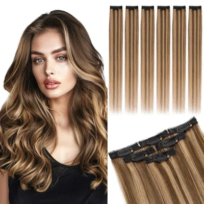 Image de Extensions à clipser, cheveux naturels, 6 pièces, 45 cm, brun moyen/blond foncé, 44g