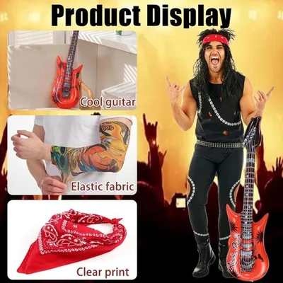 Verkleidungset 8-teilig - Punkrock Kostümzubehör - Aufblasbare Gitarre - Lederhandschuhe - Tattoo Armsleeves - Gothic Stil