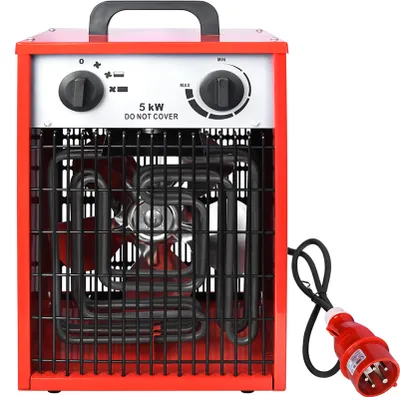 A red electric heater with a black grille and controls is shown against a white background.