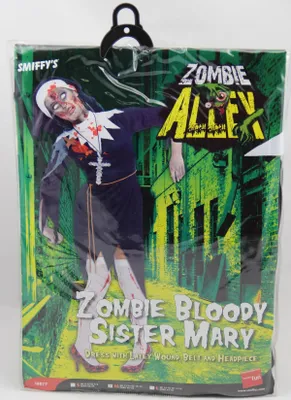 Produktbild von Blutige Zombie Schwester Mary Kostüm, schwarz, mit Kleid, Latex Wunde, Rope Gürtel & Kopfschmuck, Größe:S