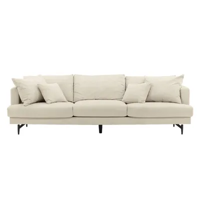A beige sofa with throw pillows on a white background.