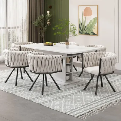 Produktbild von Leinen-Esszimmerstuhl 6er Set Drehstuhl 360 Grad Metallbeine Leinen Beige Schwarz