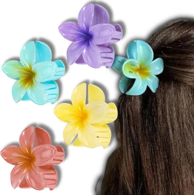 Produktbild von Ein Set mit 4 Haarspangen mit bunten Plumeriablüten