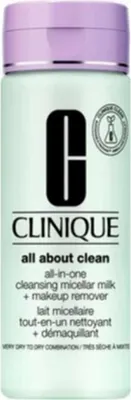 Zdjęcie produktu dla Clinique All-in-One Cleansing Micellar Milk + Makeup Remover, Mleczko oczyszczające do demakijażu, Kobiety, Skóra mieszana, Skóra sucha, Bardzo sucha skóra, 200 ml, Butelka, Water\Aqua\Eau, Isohexadecane, Methyl Trimethicone, Butylene Glycol, Glycerin, Tocopheryl Acetate,...