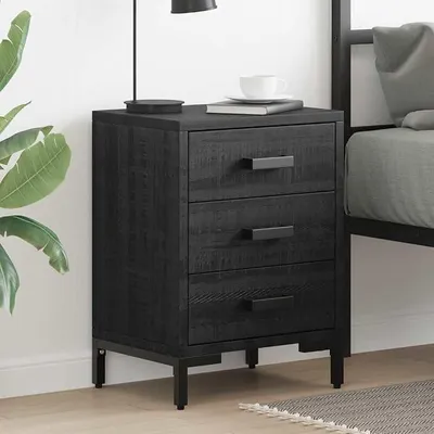 Imagen del producto de Conjunto de dos mesitas de noche, color , dimensiones 40x30x55 cm, fabricadas en madera maciza de pino, con 3 cajones y patas de metal. Diseño vintage y moderno, ideal para dormitorios, salones y recibidores