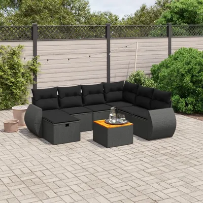 Produktbild von Design 8-tlg. Garten-Sofagarnitur mit Kissen Schwarz Poly Rattan, Gartenmöbel-Sets 2024 Neu