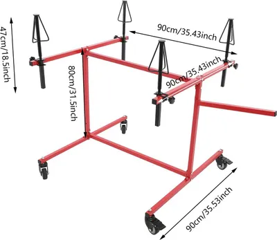 Produktbild von Felgen Lackierständer - 360° drehbares Radgestell - 100 kg Traglast - Höhenverstellung 15 cm - 4 Rollen (2 gebremst) - Verzinkter Stahl - Rot