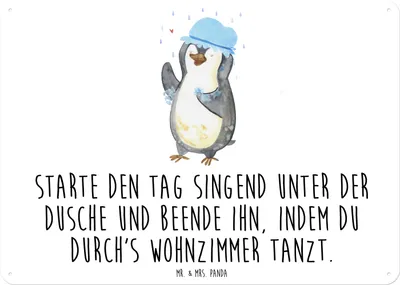 Produktbild von Mr. & Mrs. Panda tafel Pinguin Duschen DIN A6 - Weiß - Geschenk, wandtafel, Wandbild, Motivation, Schild, Baden, Dusche, Blechschild, Metallbild, Duschkonzert, Singen