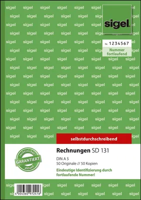 Zdjęcie produktu dla SIGEL SD131 Faktury z kolejną numeracją - A5, 1. i 2. arkusz zadrukowany, SD, MP, 2 x 50 arkuszy
